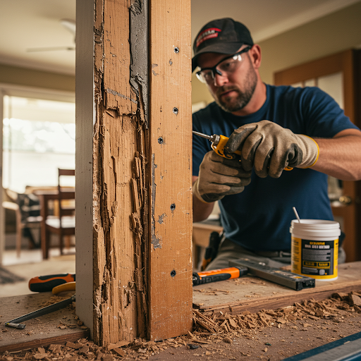 Damaged wooden door jamb with visible cracks being reinforced during professional repair in a Houston home.